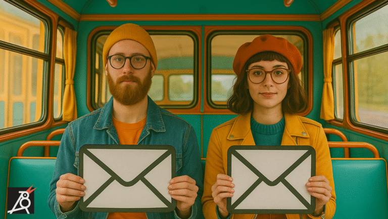 a man and woman holding envelopes in front of a bus