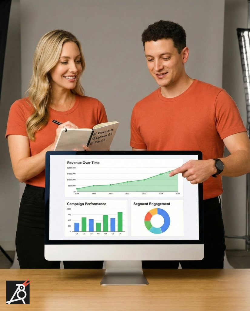 A marketing team reviewing a clear performance dashboard on a large screen, highlighting revenue and campaign results for smarter decisions.