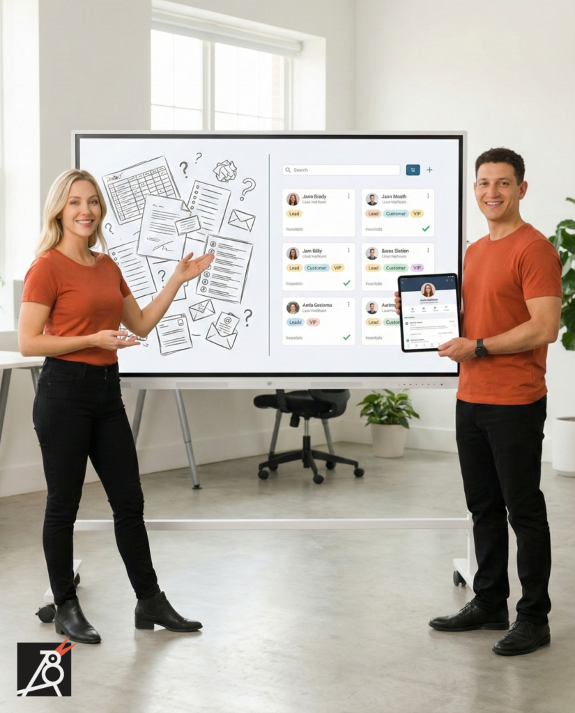Two marketers standing by a digital whiteboard, moving from messy spreadsheets on one side to a clean, unified CRM view on the other.