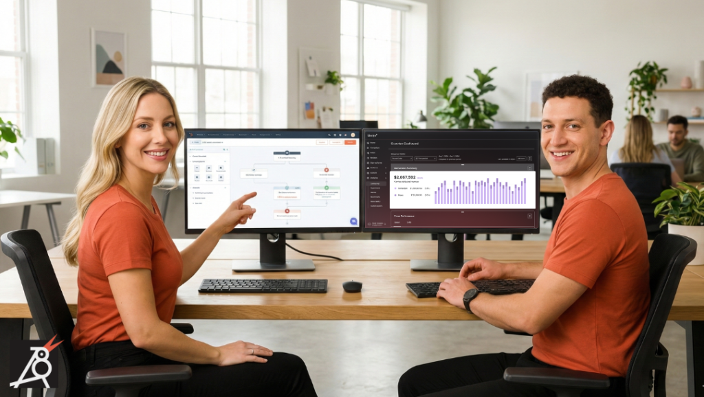 Two marketers in orange shirts working together at a large screen showing simple HubSpot and Klaviyo automation flows in a bright modern office.