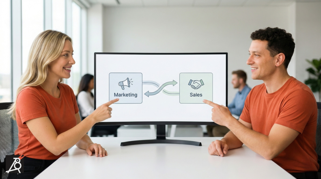 Two marketers sitting at one desk, pointing at a wide monitor that connects Marketing and Sales with elegant arrows on a simple diagram.