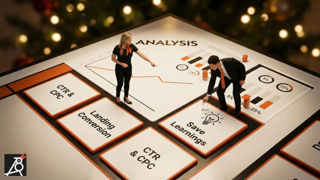 Two miniaturised marketers stand on ANALYSIS tiles of a campaign board beside a small metrics panel with charts and percentage icons.