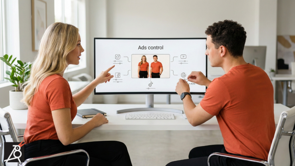 Two marketers look at a monitor showing a video thumbnail connected to multiple social and ads platform icons with sliders.