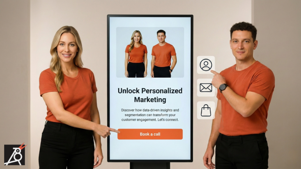 Two marketers stand by a large screen showing a simple landing page with a video, text and a clear call-to-action.