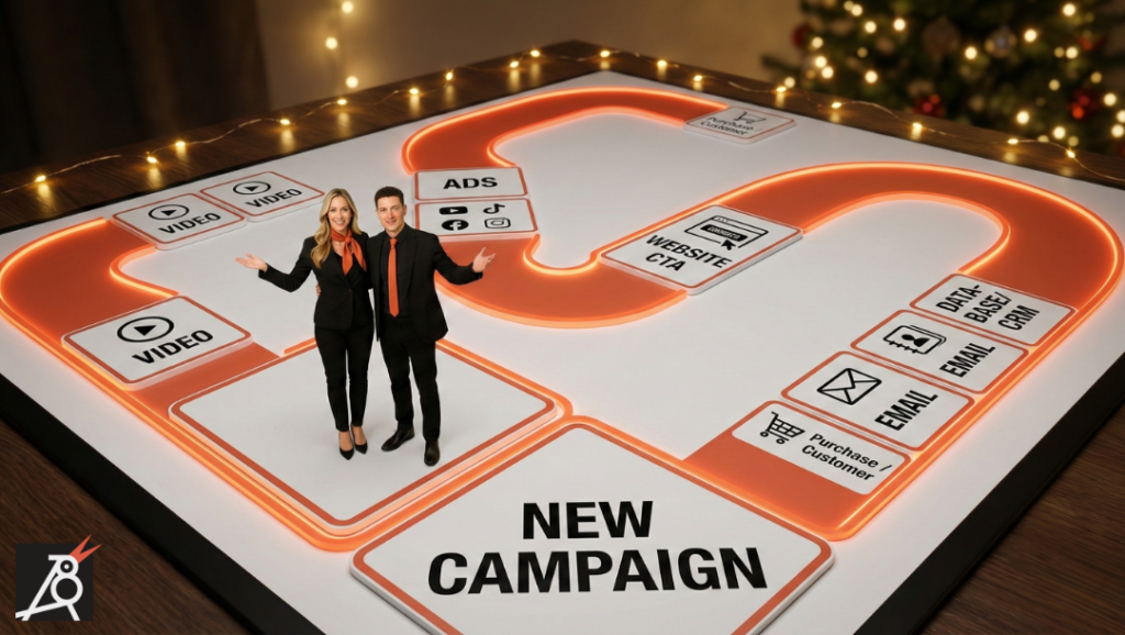Two miniaturised marketers stand on the NEW CAMPAIGN tile of a board, with a glowing path linking VIDEO, ADS, WEBSITE, DATABASE, EMAIL and a customer icon in a loop.