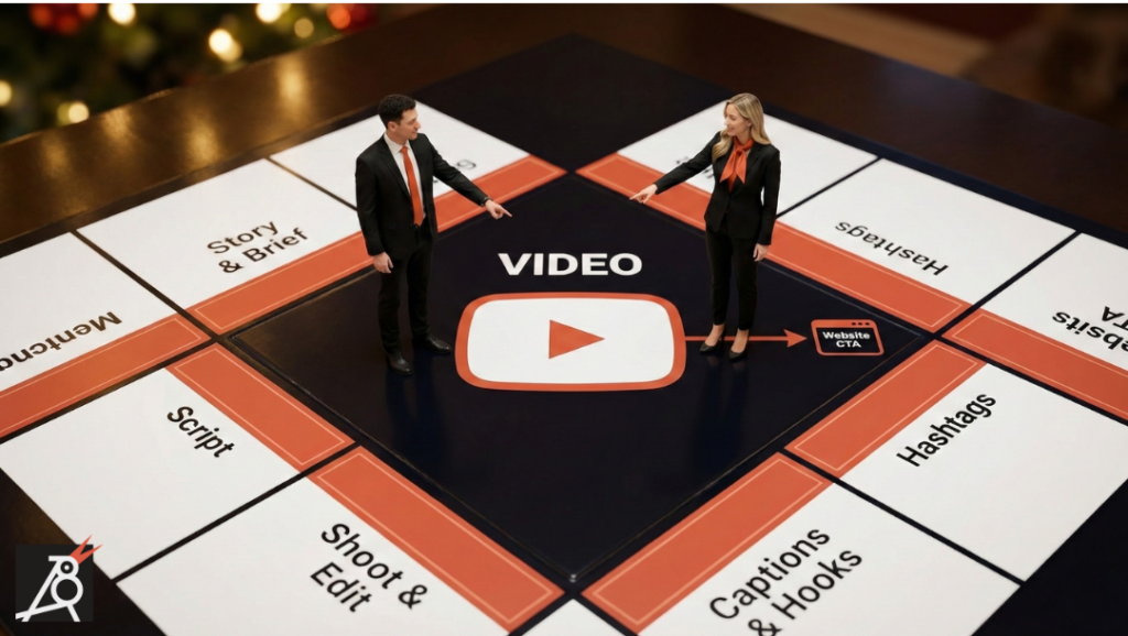 Two miniaturised marketers stand on the VIDEO and DIFFUSION tiles of a campaign board, pointing from a play icon towards a website CTA tile.
