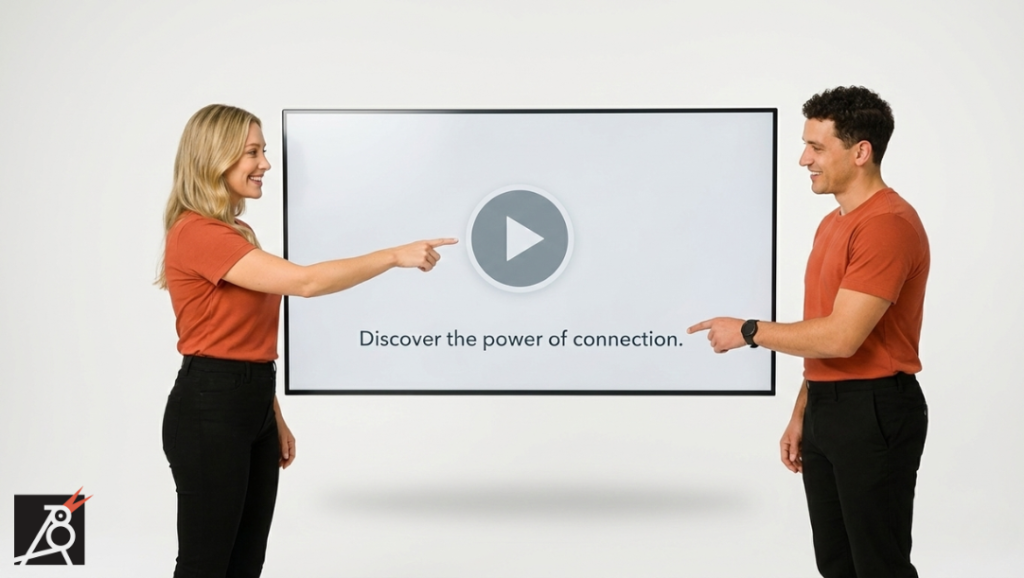 Two marketers stand beside a large screen showing a simple video player with a play button and one clear message.