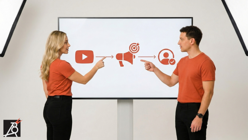 Two marketers stand in front of a digital board showing a simple Video → Ads → Customer diagram with arrows.