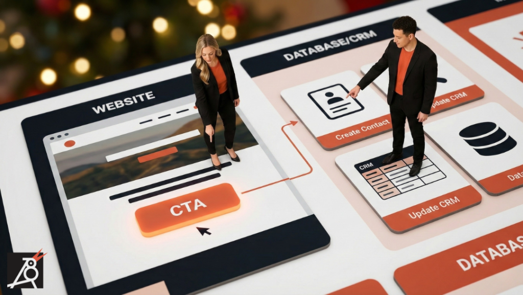 Two miniaturised marketers stand between WEBSITE and DATABASE tiles on a campaign board, pointing from a CTA button tile to contact and CRM icons.