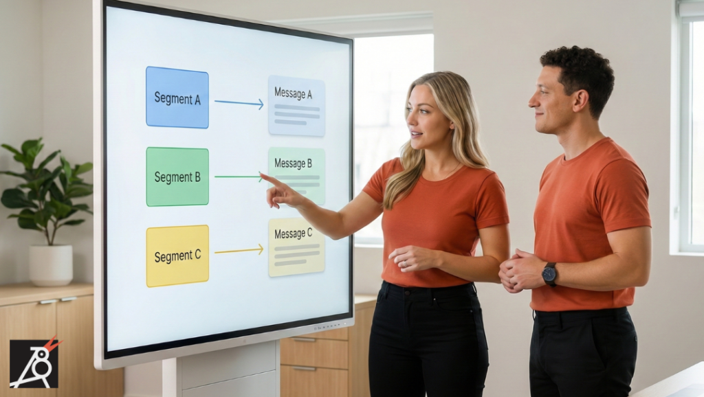 Two marketers standing by a digital whiteboard that connects segments on the left to matching messages on the right with arrows.
