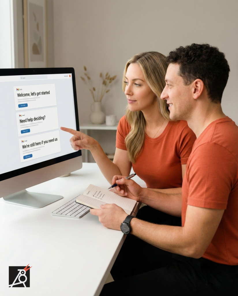Two marketers reviewing different message blocks on a large screen, choosing what to say to each segment.