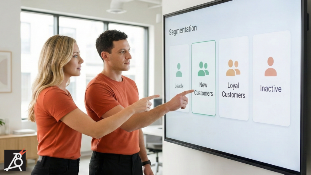 Two marketers in front of a screen showing audience segments like Leads, New Customers, Loyal Customers and Inactive.